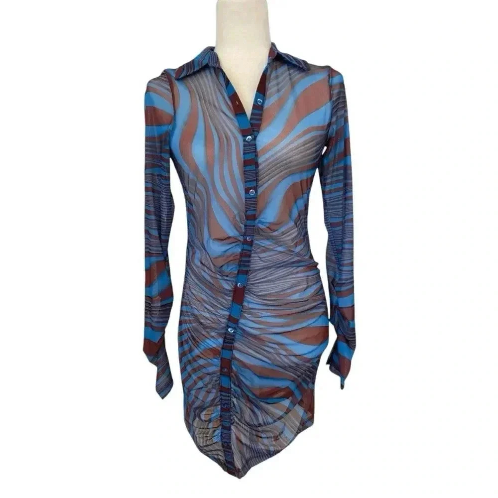 Pretty Little Things Womens Sheer Assymetrical Striped Shirt Dress